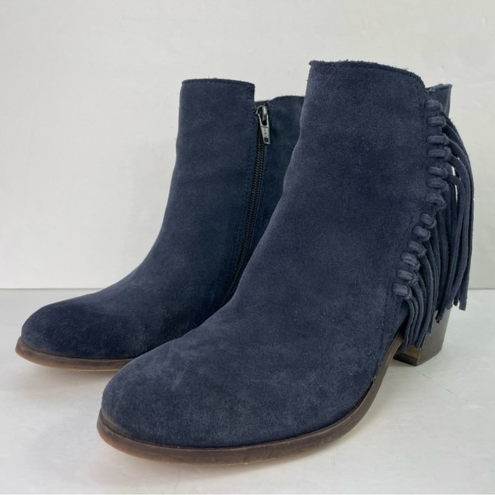 Kenneth Cole Reaction Rotini Blue Suede Fringe Block Heel Booties - Picture 3 of 14